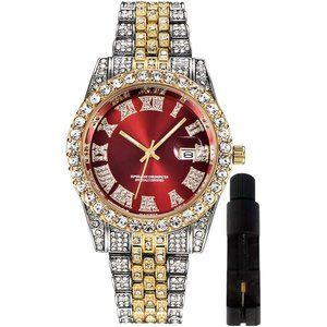 Men Red Iced-Out Bling Diamond Luxury Quartz Hip Hop Watch